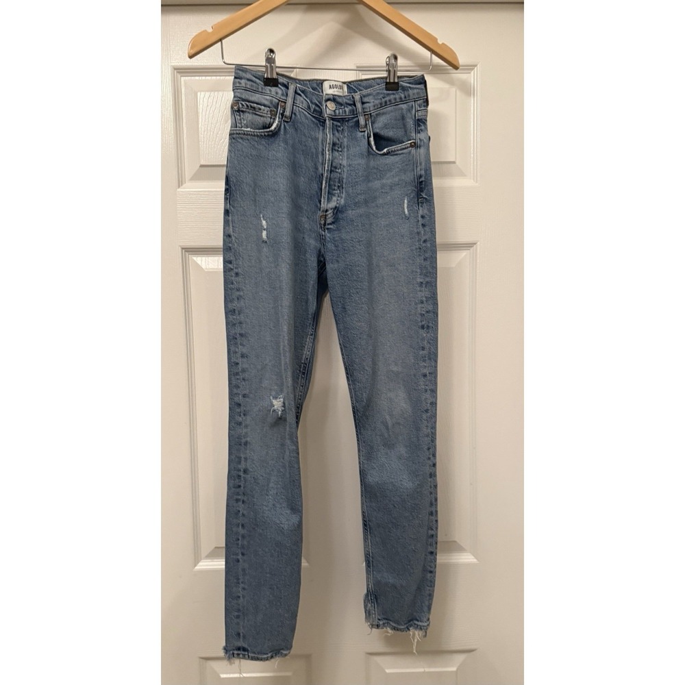 AGOLDE Skinny Jeans Women 25 Blue High Rise Button Fly Distressed Raw Hem